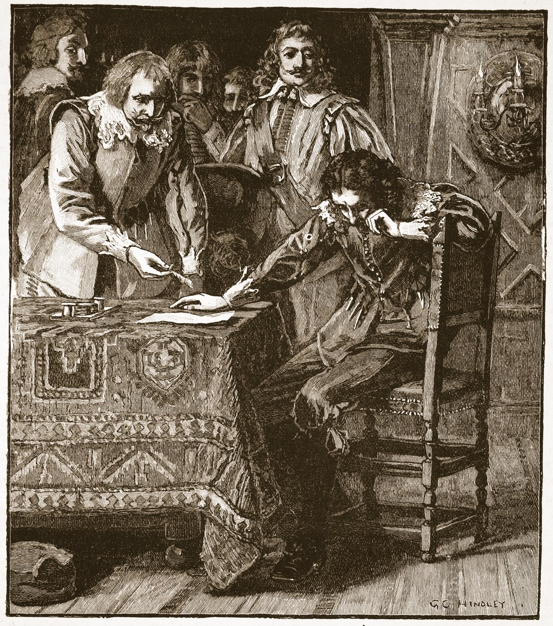 Charles assinando a comissão de consentimento para Straffords Attainder, ilustração da história ilustrada de Cassells da Inglaterra (foto sépia) de English School