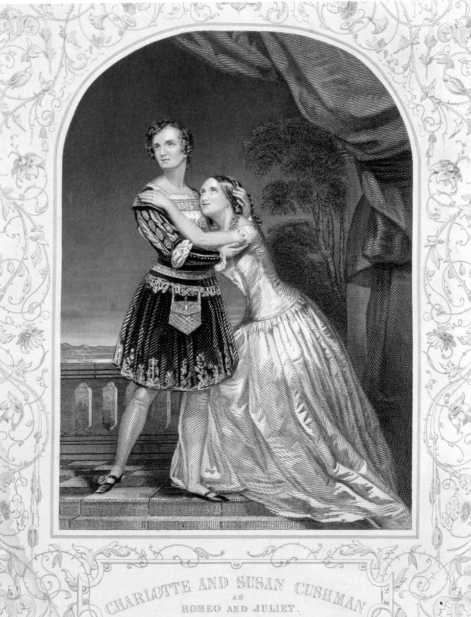 Charlotte e Susan Cushman como Romeu e Julieta, Ato III Cena 5 de Romeu e Julieta, de um daguerreótipo, pub. de John Tallis & Co. de English School