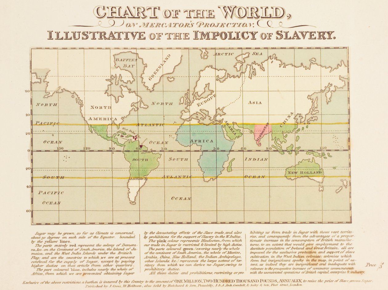 Gráfico do Mundo, sobre a Projeção de Mercator, Ilustração da Impolítica da Escravatura de English School