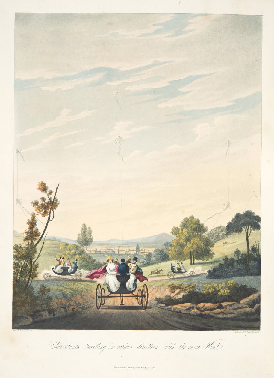 Chervolents viajando em várias direções com o mesmo vento, desde "The Aeropleustic Art, or Navigation in the Air, by the Use of Kites, ou Buoyant Sails, pub. 1827 (aquatint colorido à mão) de English School