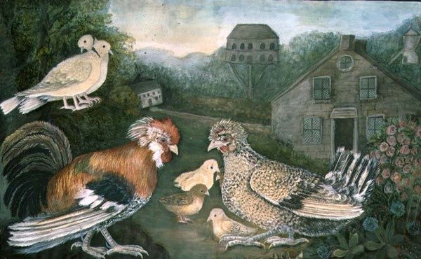 Galinha e Pombas perto de uma Fazenda (aquarela, guache em papel) (para detalhes ver 97196) de English School