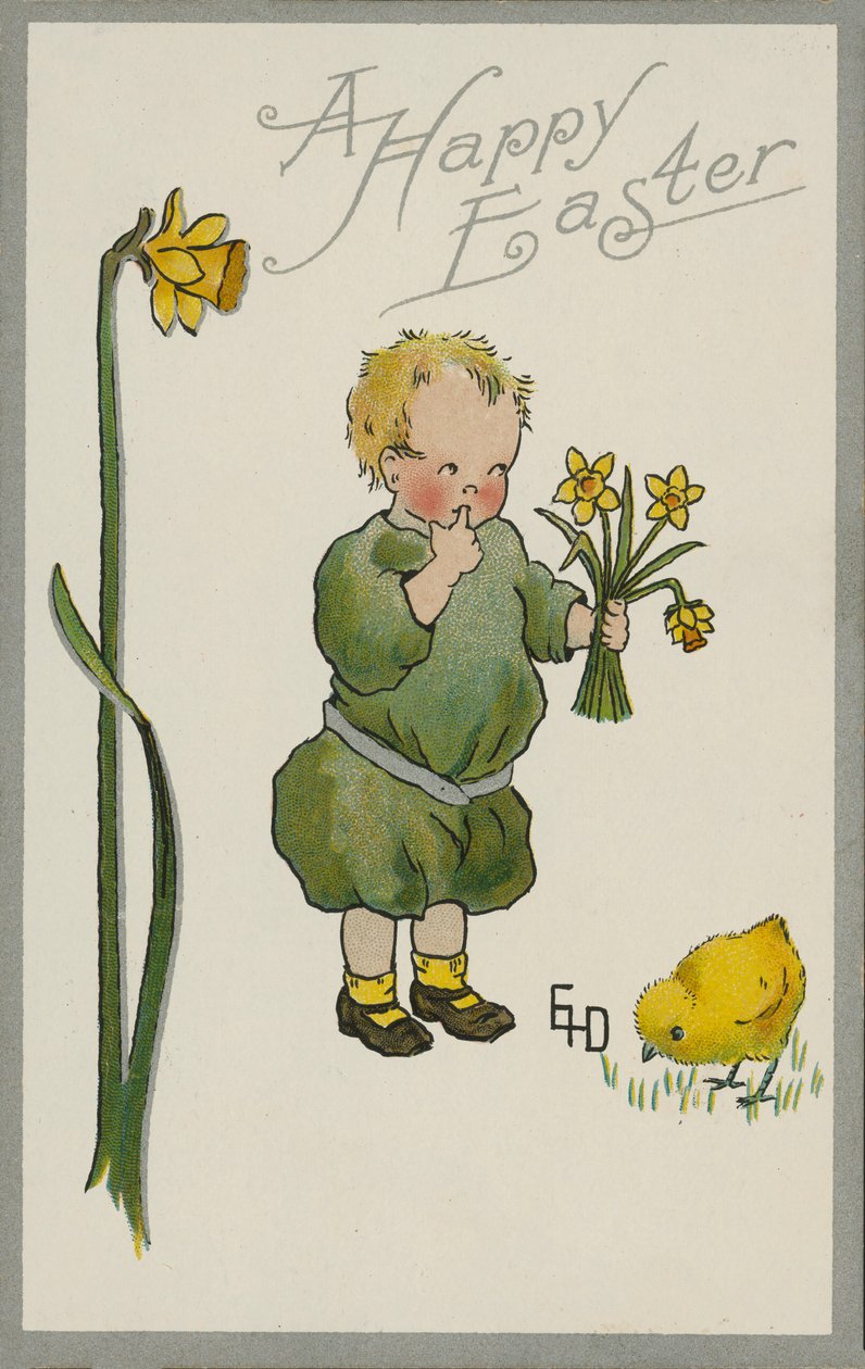 Criança a apanhar narcisos (litografia a cores) de English School