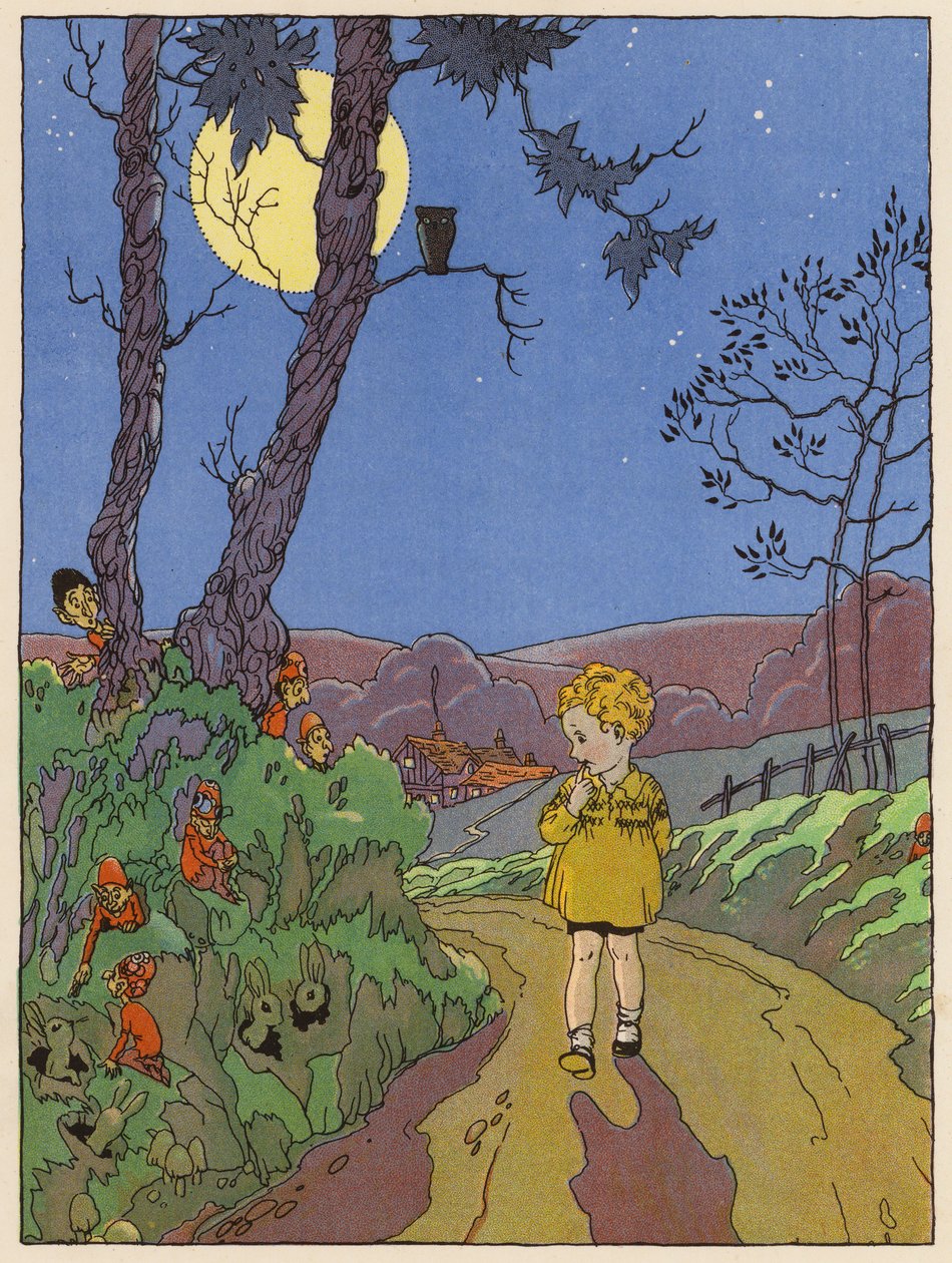 Criança a passear à noite e a ver coelhos, duendes e outras criaturas (litografia a cores) de English School