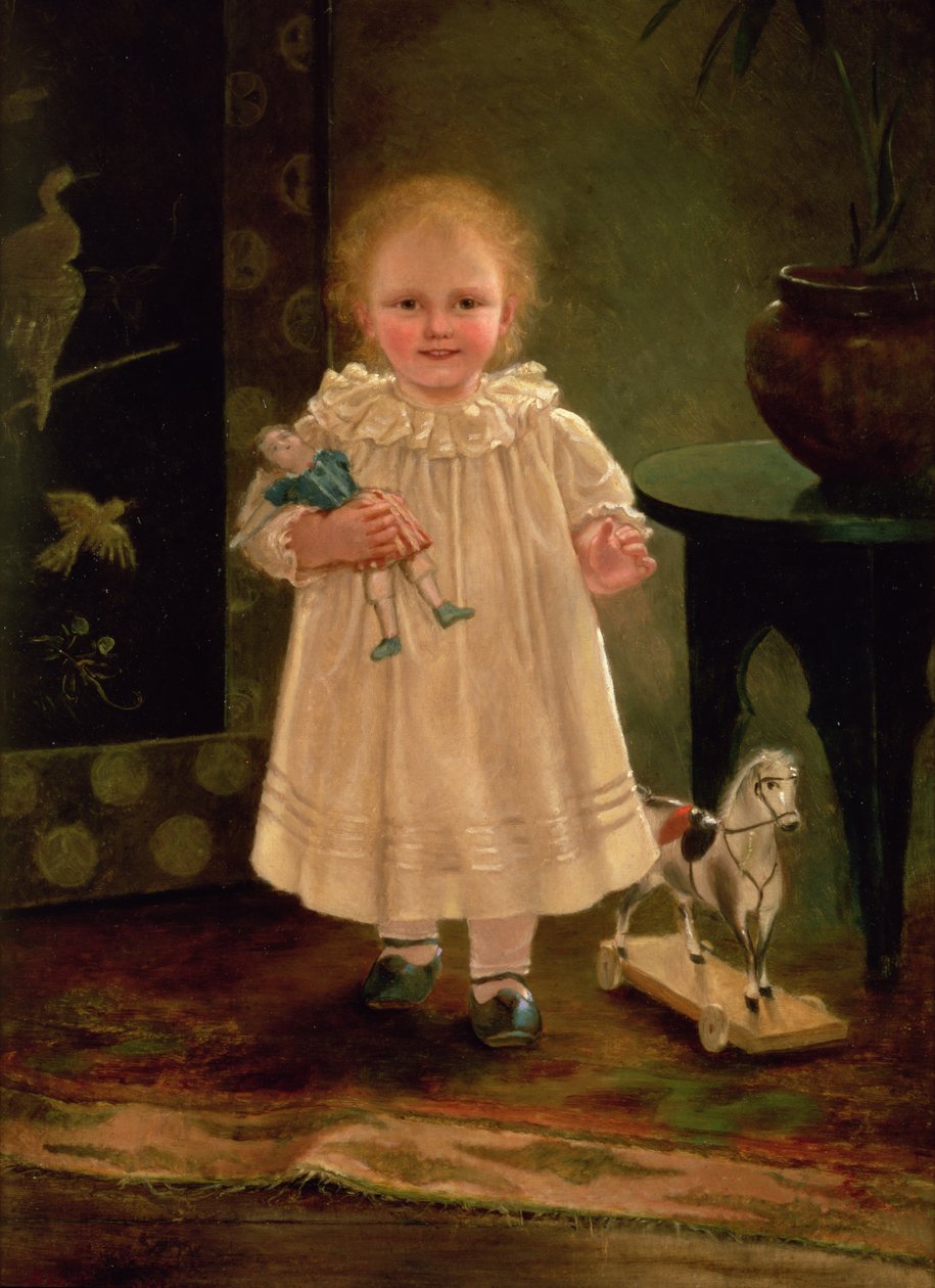 Criança com uma boneca e um cavalo de brinquedo, c.1840 de English School