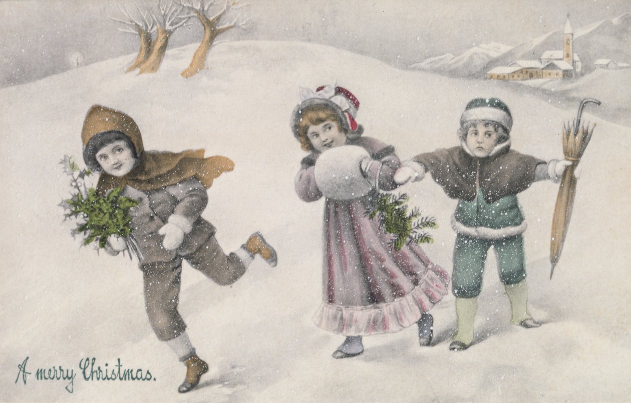 Crianças na neve, postal vitoriano (impressão) de English School
