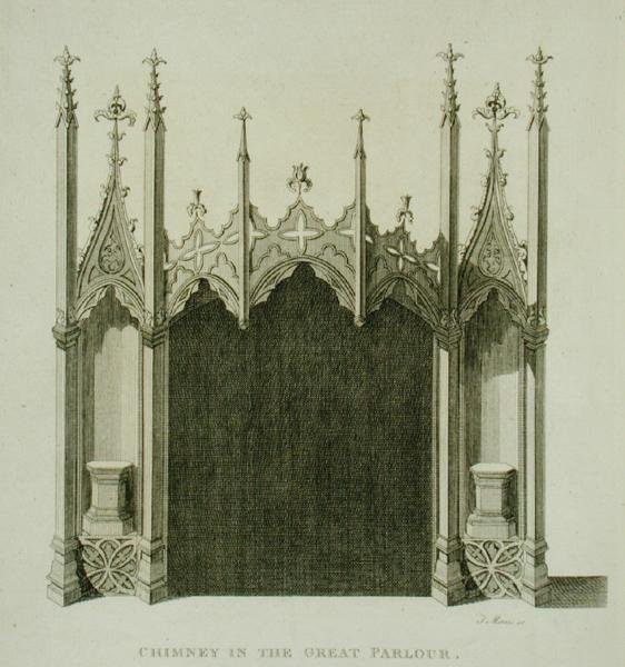 Chaminé na grande sala de estar de Strawberry Hill, gravada por T. Morris, de "Descrição de Strawberry Hill" de Horace Walpole de English School