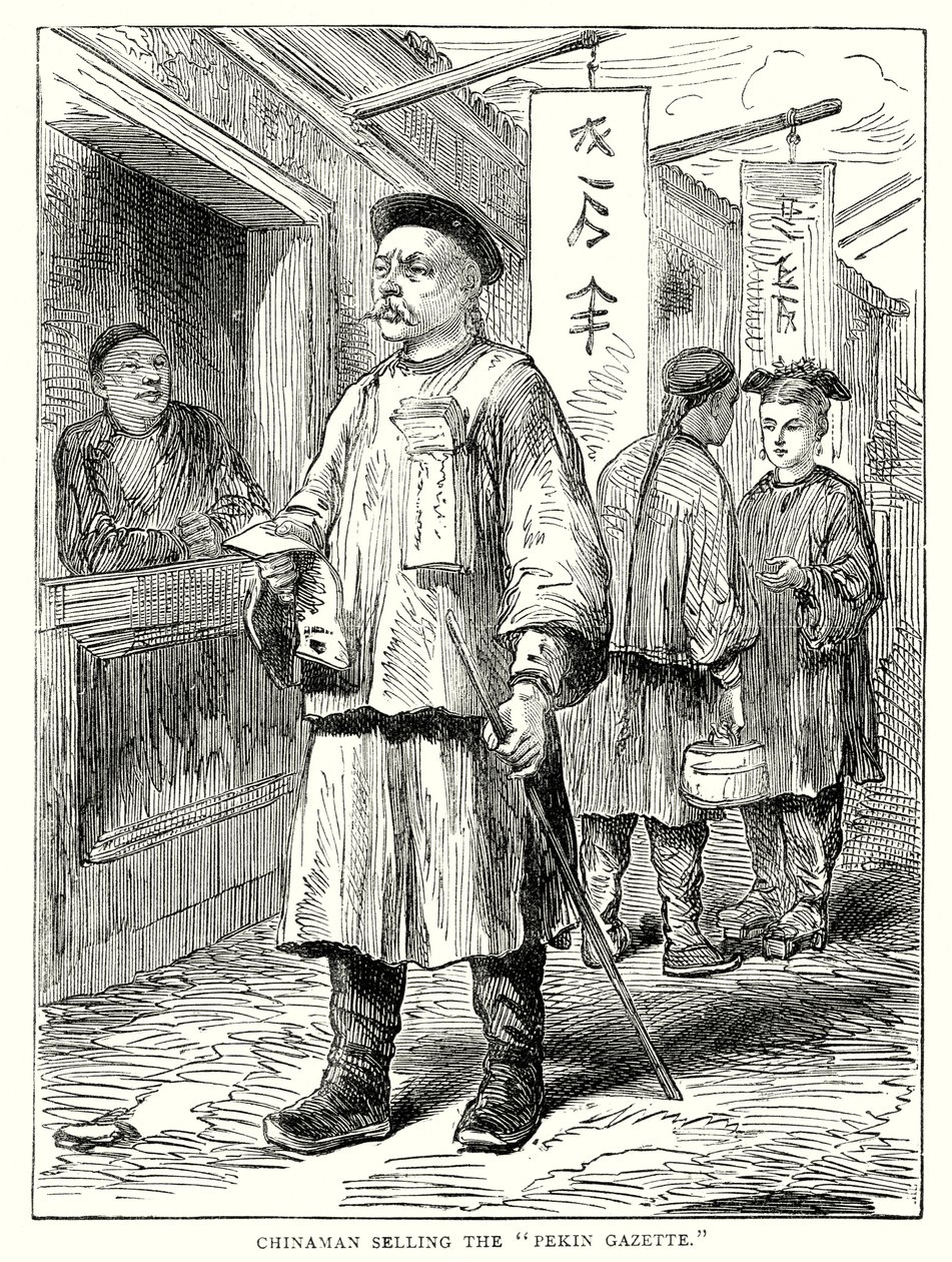 Chinês a vender a "Pekin Gazette" (gravura) de English School