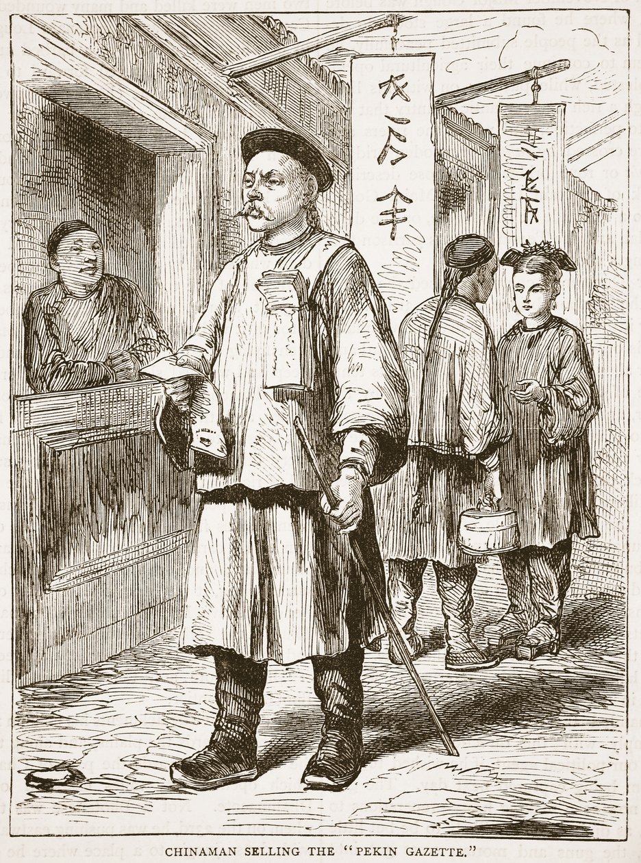 Chinaman, vendendo, a, pekin, gazette, ilustração, de, cassells, ilustrado, história, de, inglaterra de English School