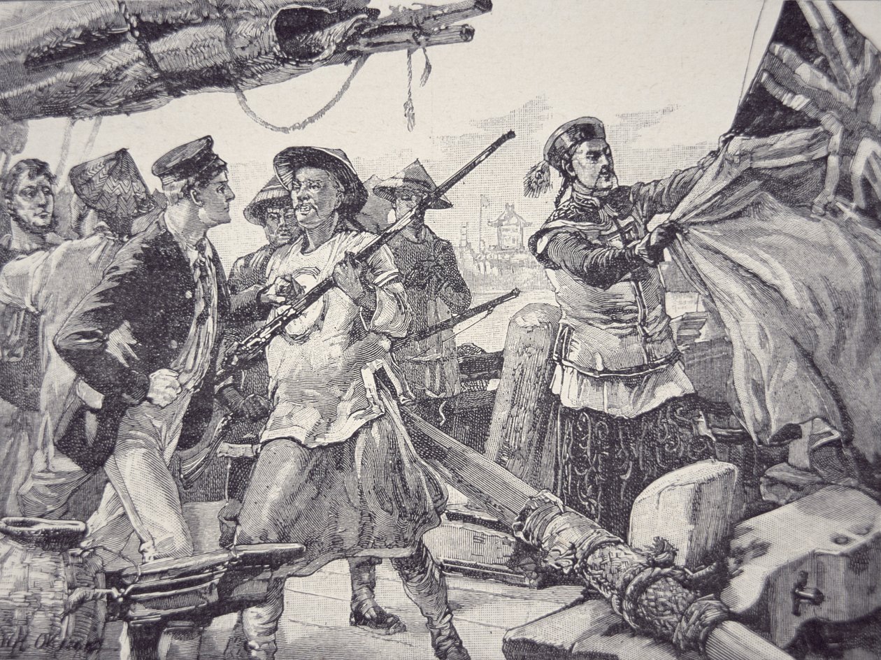 Os chineses embarcam no navio britânico "Arrow", derrubam a bandeira britânica e fazem prisioneiro a tripulação durante a Guerra do Ópio, 8 de Outubro de English School