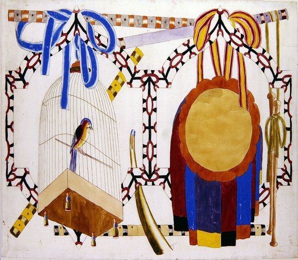 Chinoiserie design com Gaiola de Pássaros e Instrumentos Musicais (aguarela sobre esboço impresso em papel) de English School