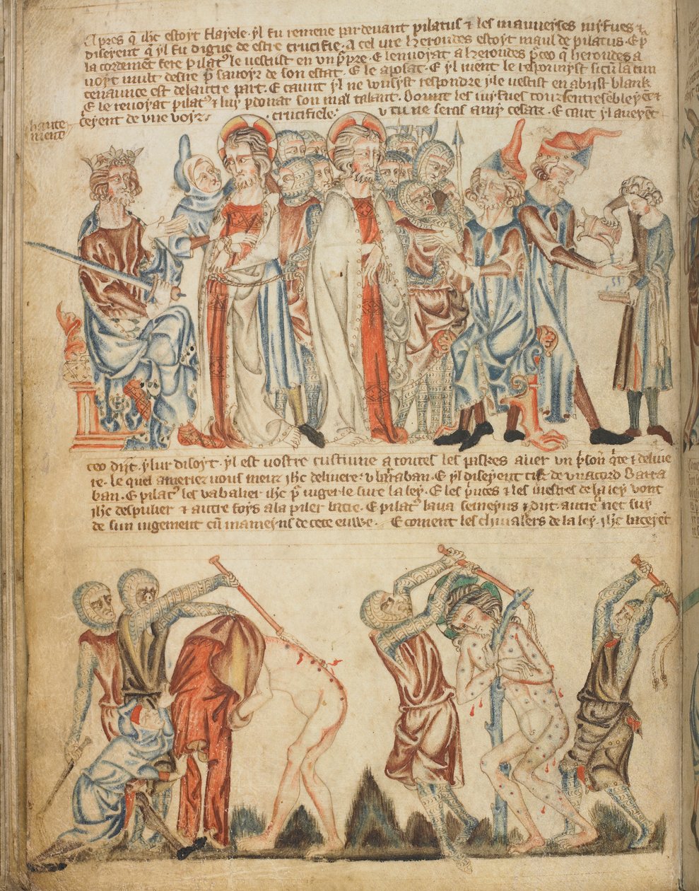 Cristo diante de Herodes e diante de Pilatos; Herodes lava as mãos; a flagelação de Cristo, Add. 47682, f.30v, c.1320-30 (velino) de English School