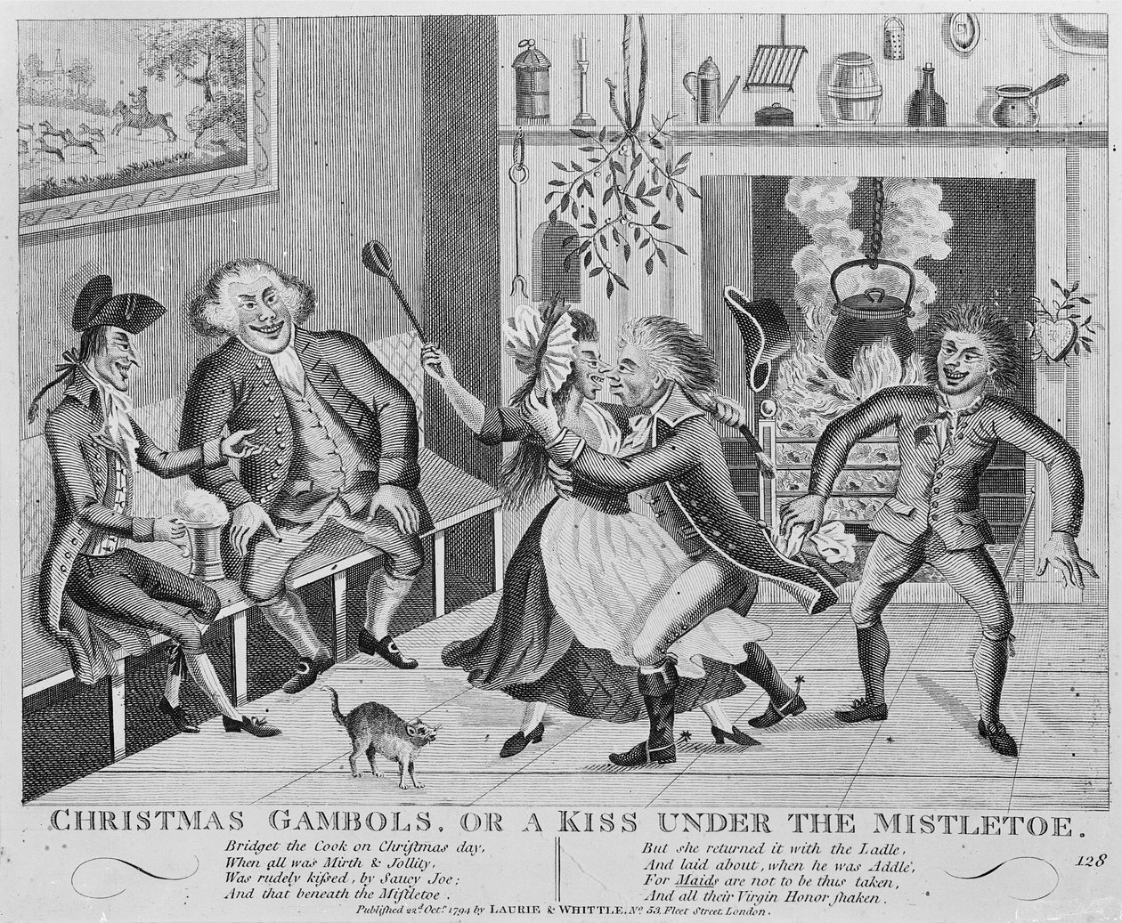 Christmas Gambols, ou um beijo sob o visco, 1794 (gravura) de English School