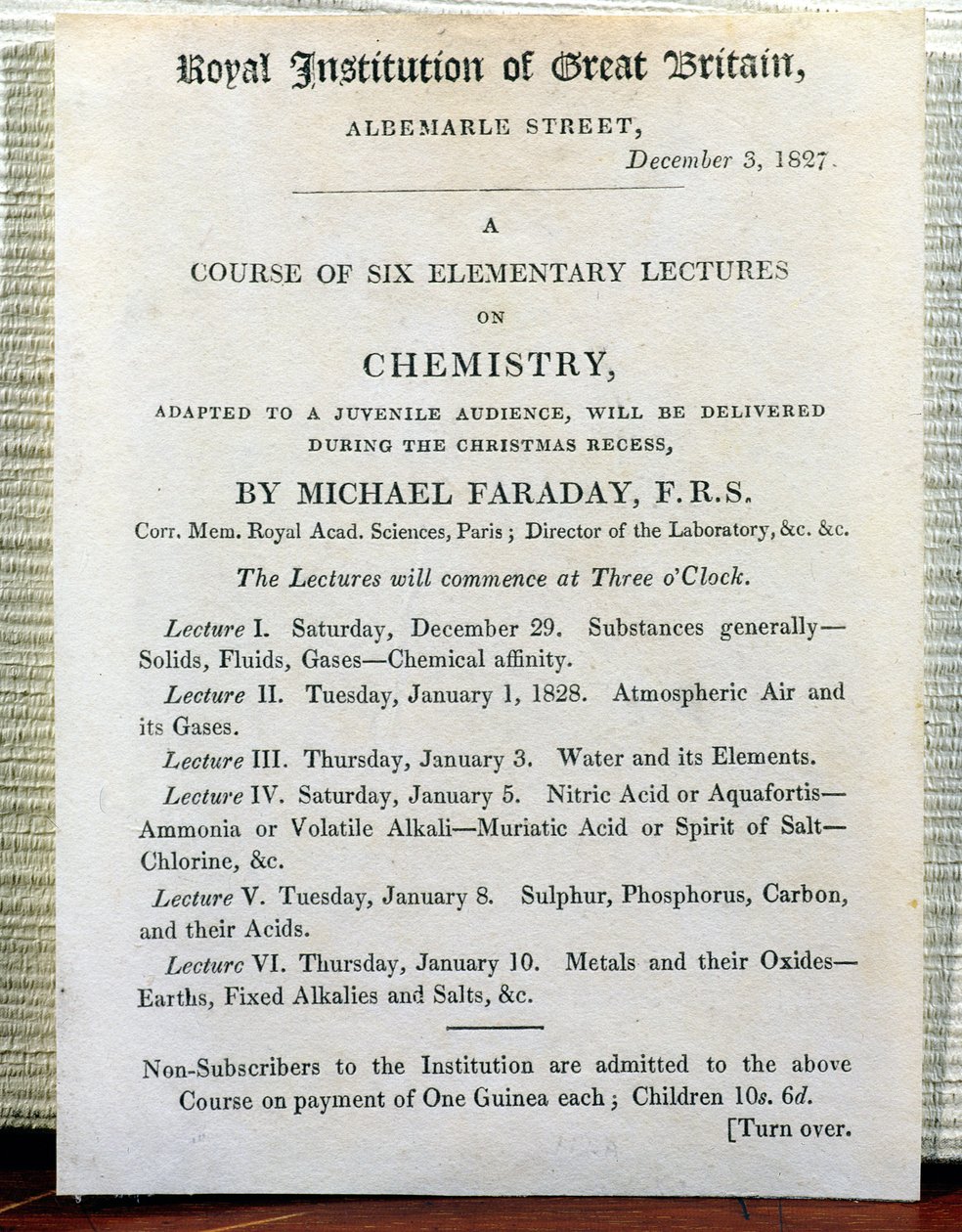Folheto de Natal para seis palestras elementares sobre química, por Michael Faraday (1778-1829) 3 de dezembro de 1827 de English School