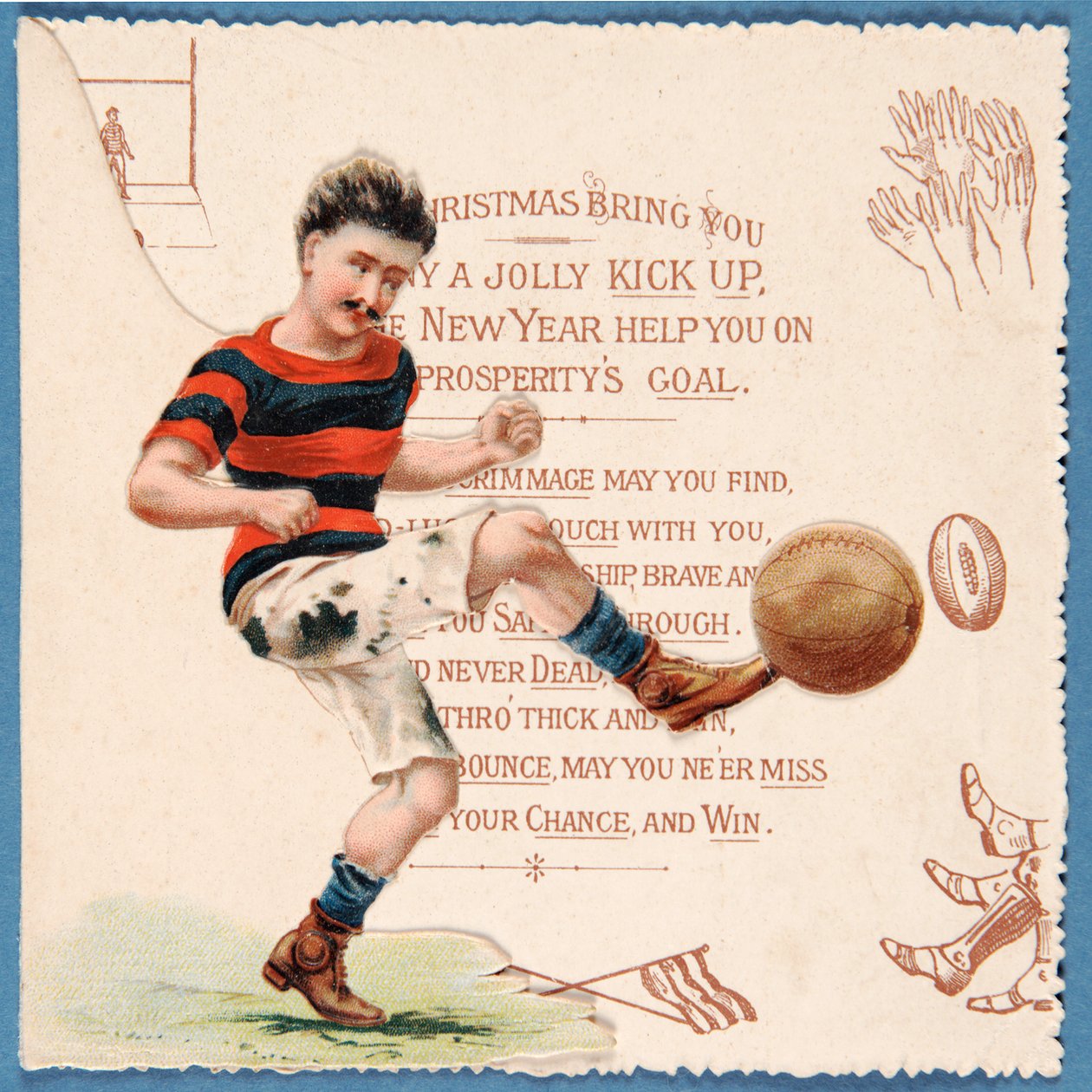 Cartão natal, descrevendo, um, footballer, chutando, um, bola, c.1890s de English School