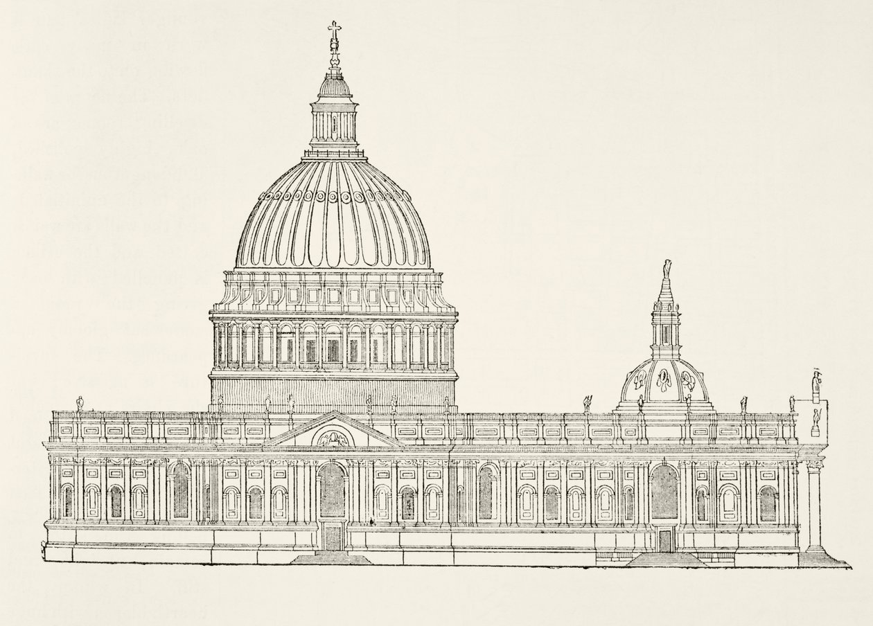 Primeiro projeto de Christopher Wrens para a nova Catedral de St. Pauls após o Grande Incêndio de Londres, da História Nacional e Nacional da Inglaterra por William Hickman Smith Aubrey (1858-1916) publicou L de English School