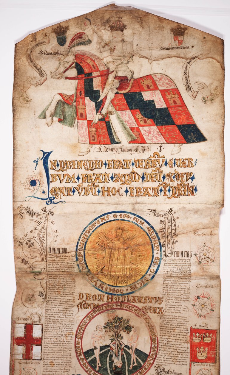 Crônica da História do Mundo desde a Criação até Woden, com uma Genealogia de Edward IV (Edward IV Roll), seção inicial com um retrato de Edward IV a cavalo, uma ronda com Deus e outra de English School