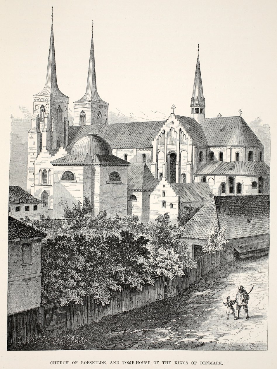 Igreja de Roeskilde e tumba-casa dos reis da Dinamarca, de um memorial do casamento de Eduardo VII e Alexandra da Dinamarca, pub. 1864 (gravura em madeira) de English School