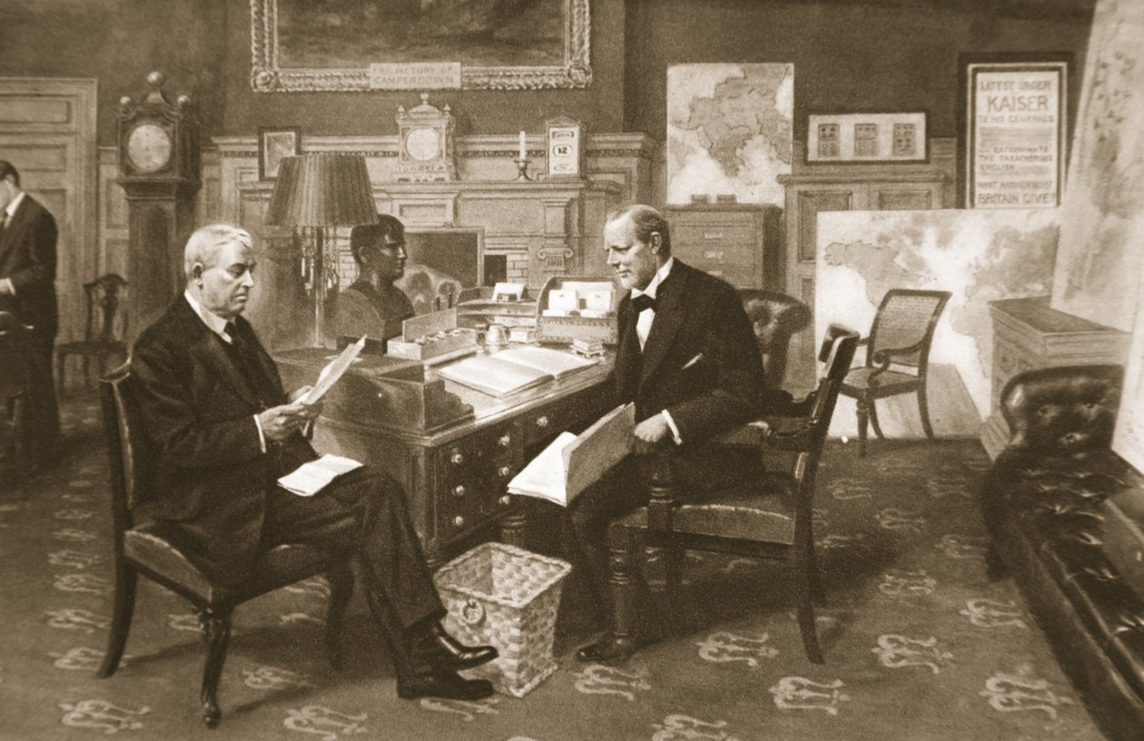 Churchill e Fisher no trabalho: o Primeiro Lorde em seu quarto no Almirantado com o Primeiro Lorde do Mar, de The Illustrated War News, 1915 de English School