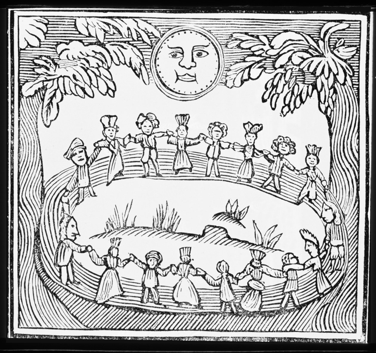 Círculo de bruxas dançando sob a lua cheia, ilustração de uma coleção de chapbooks sobre esoterica de English School