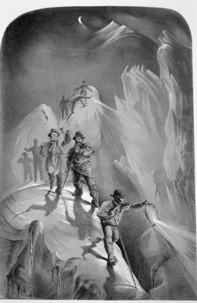 Escalada à noite, a partir de dez cenas na última subida do Mont Blanc, incluindo cinco vistas da cimeira, por JDH Browne, publicado em 1853 de English School