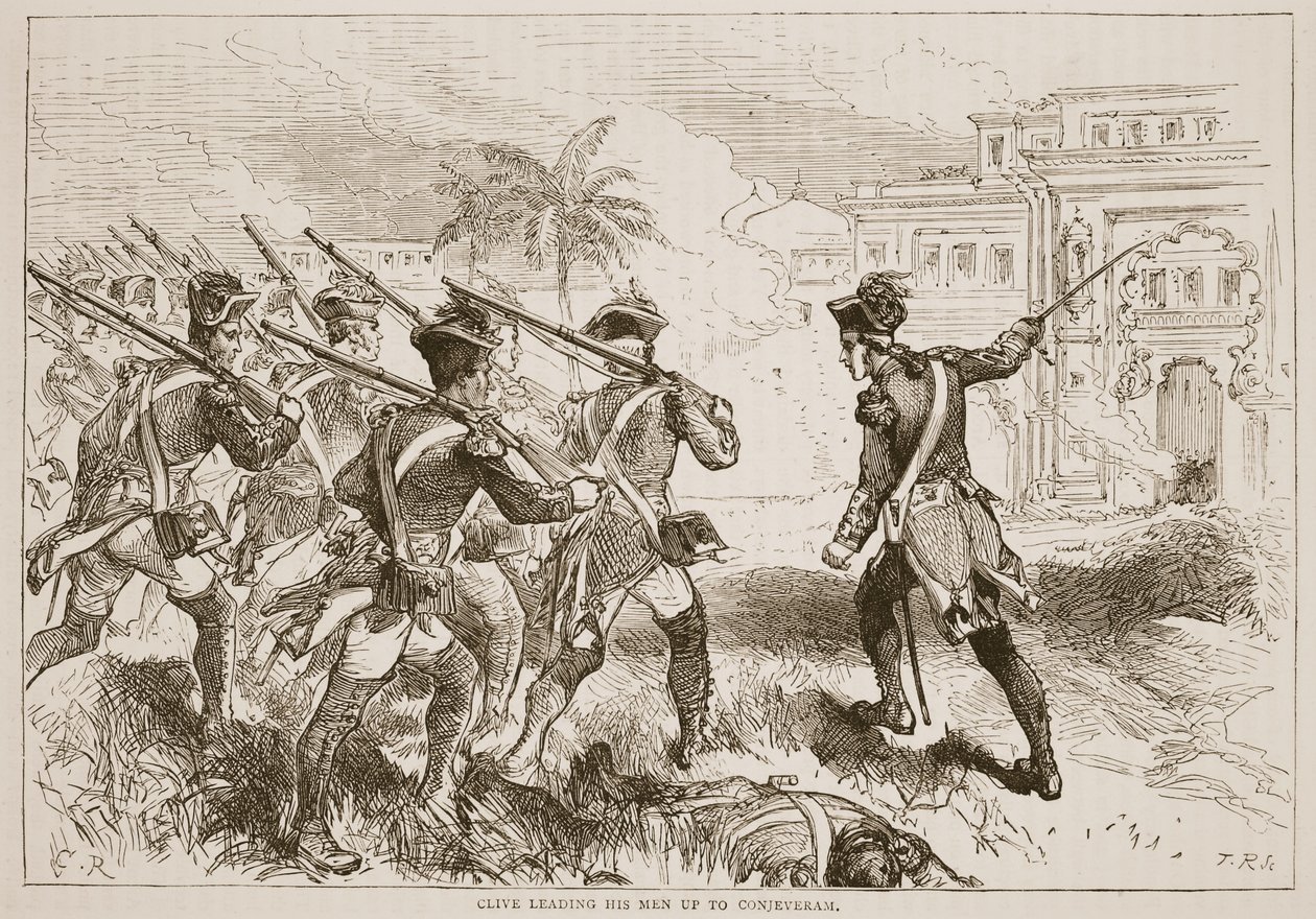 Clive levando seus homens até Conjeveram, ilustração de História Ilustrada de Cassells da Índia por James Grant, pub. 1879 de English School