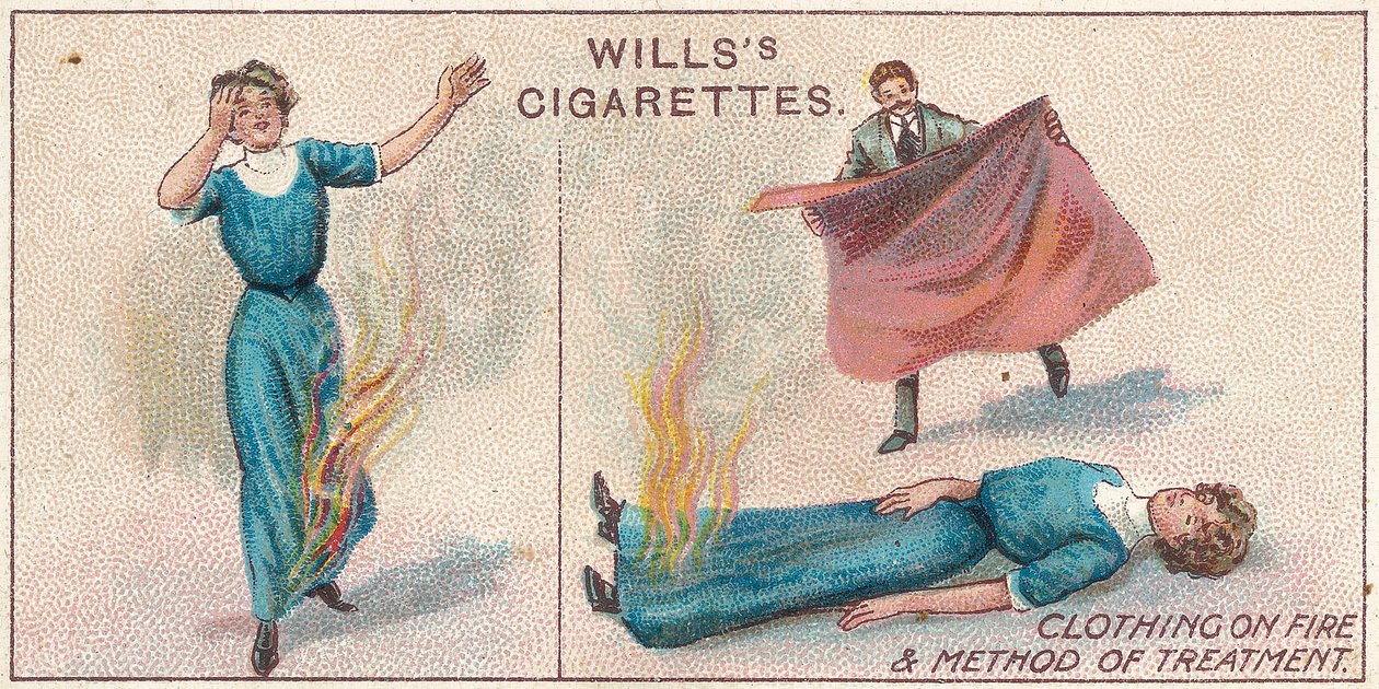 Clothing on Fire, no.34 da série de primeiros socorros de cartões Willss Cigarettes, 1913 de English School