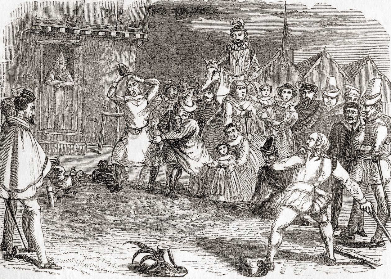 Arremesso de galos, também conhecido como "cock-shying" ou "throwing at cocks", da Velha Inglaterra: A Pictorial Museum, pub. 1847 de English School