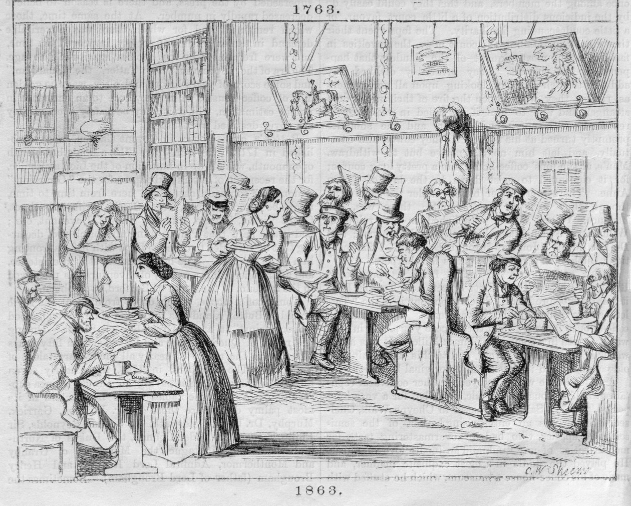 Coffee Room em 1863, do London Coffee-Houses Passado e Presente (gravura a cores) de English School