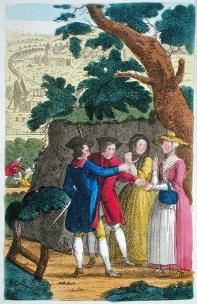 Coronel Jack roubando Mary Smith, ilustração do livro "Vidas e Aventuras dos Mais Festejados Autopistas e Ladrões de Rua..." publicado em 1822 (cor litho) de English School