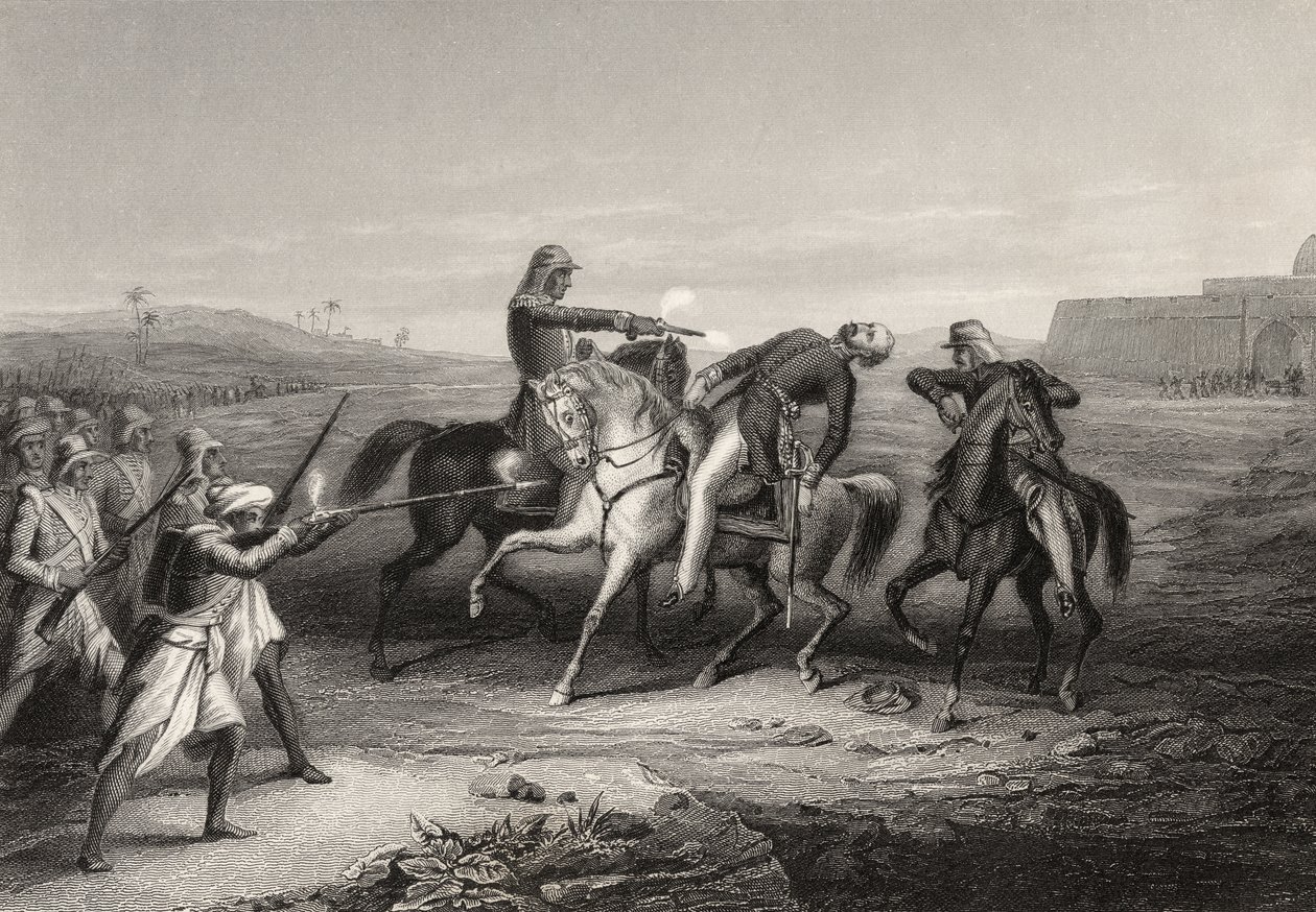 Coronel John Platt morto pelos amotinados em Mhow, em 1º de julho de 1857, de "The History of the Indian Mutiny", publicado em 1858 de English School