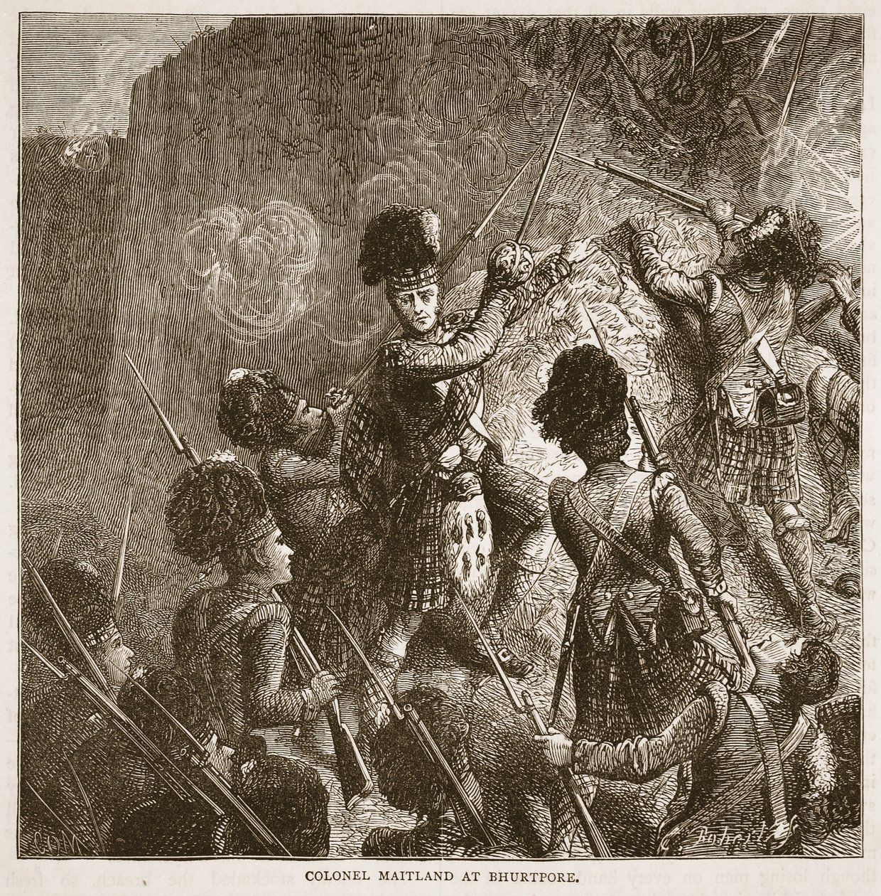 Coronel Maitland em Bhurtpore, ilustração da história ilustrada de Cassells da Índia por James Grant, bar. 1879 de English School
