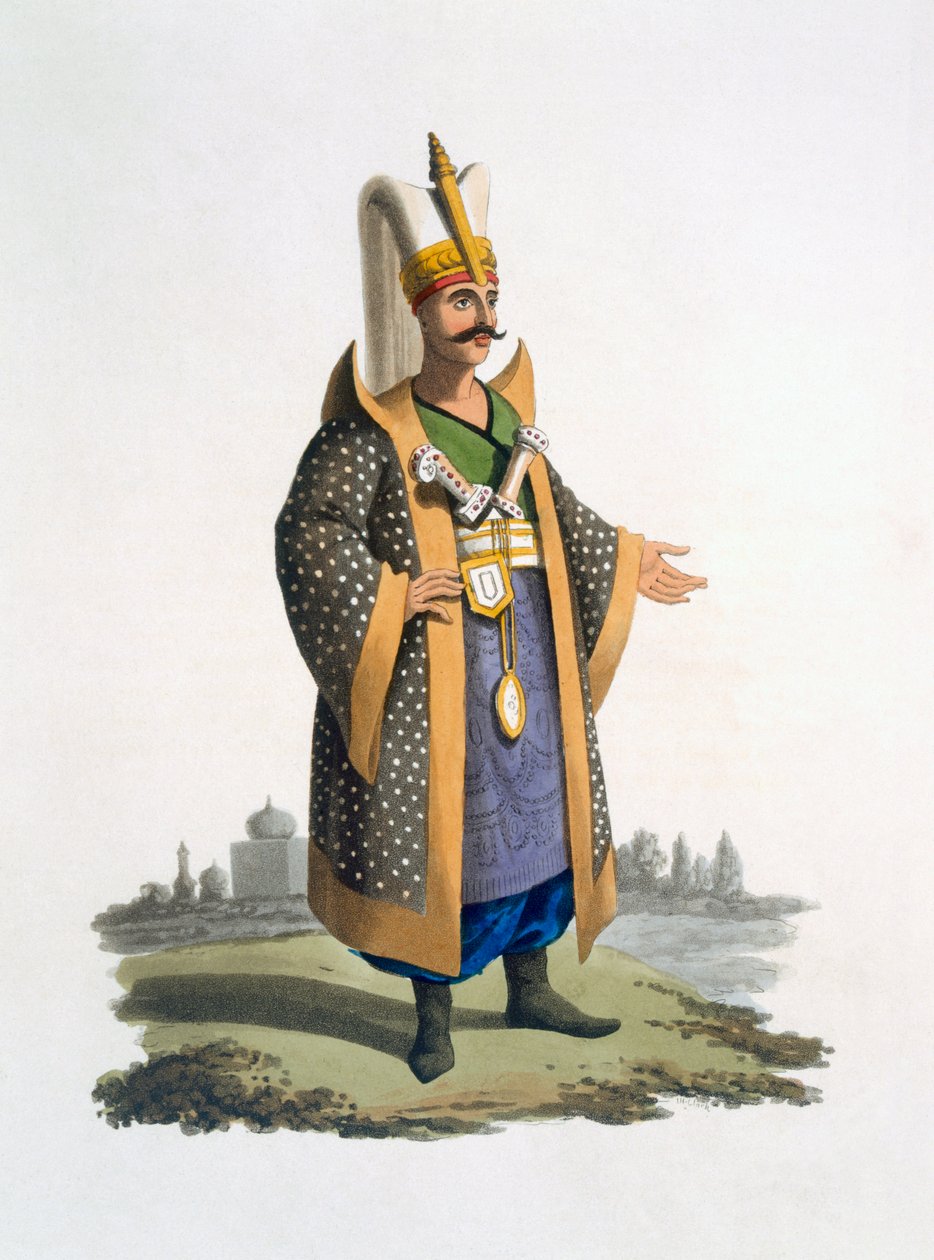 Coronel dos janízaros com joias e adagas, 1818 (aquatinta colorida) de English School