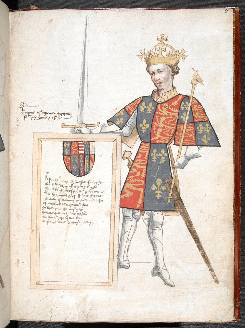Desenho colorido de um rei inglês em armadura e tabardo (Henrique VI), apresentando uma placa com versos, ilustração do 