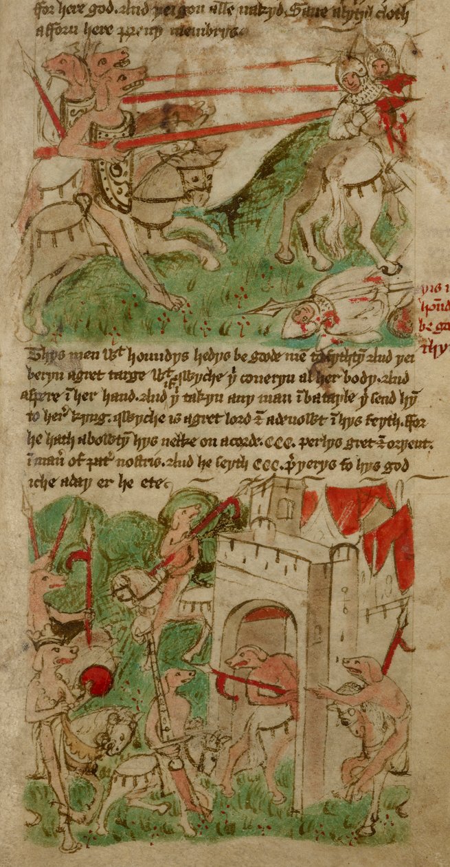 Desenhos coloridos representando as pessoas com cabeça de cão ("Cynocephales") da ilha Nacumera, de "Viagens de Sir John Mandeville" (pergaminho) de English School
