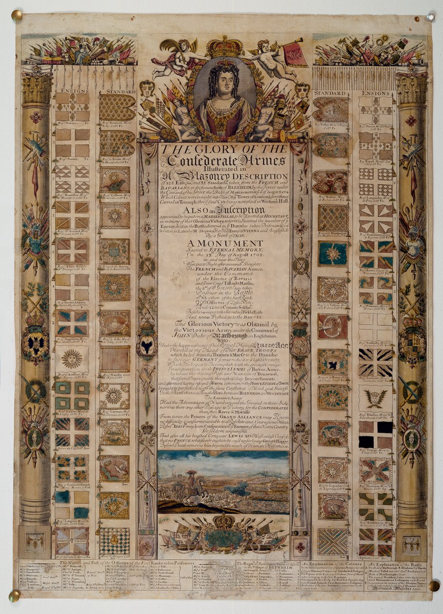 Carta comemorativa mostrando os padrões capturados dos franceses após a Batalha de Blenheim, c.1704 (gravura de linha colorida) de English School