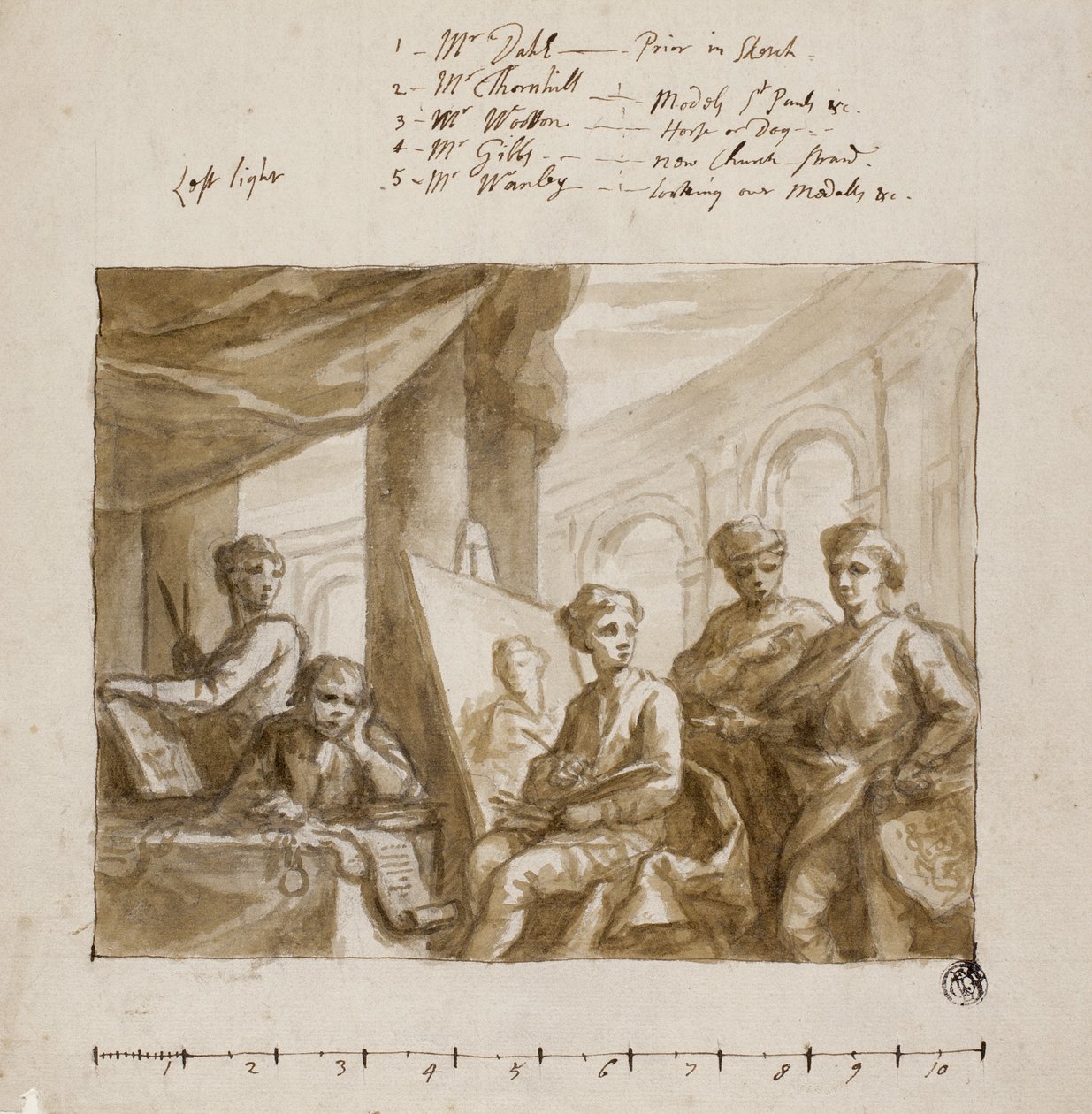Company of Painters, c.1719 (pincel e lavagem marrom, sobre grafite, em papel marfim) de English School