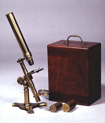 Microscópio monocular composto, fabricado por Amadio Optician, Londres, c.1860 (latão e goma laca) de English School