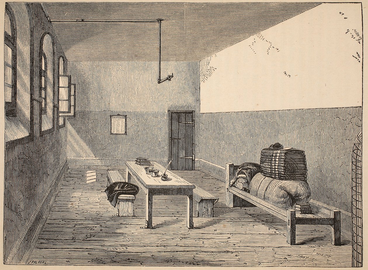 Célula condenada, Newgate, ilustração das prisões criminosas de Londres e cenas da vida da prisão por Henry Mayhew e por John Binny, bar. 1862 de English School