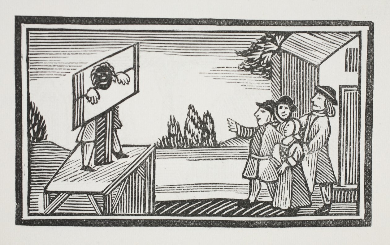 Condenado a ficar por uma hora ou mais no pelourinho, ilustração de Chap-livros do século XVIII de John Ashton, pub. 1882 de English School