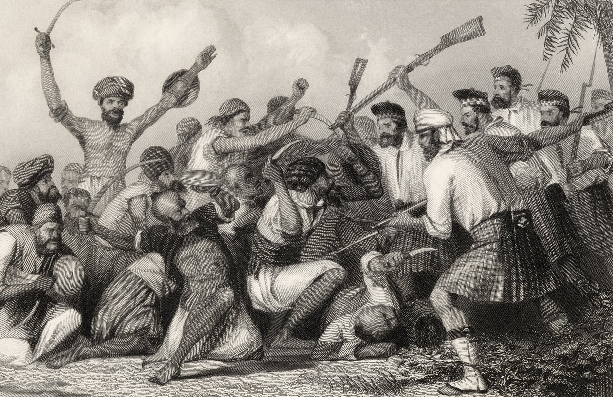 Conflito com os Ghazees antes de Bareilly em 6 de maio de 1858, de "A História do Motim Indiano", publicado em 1858 de English School