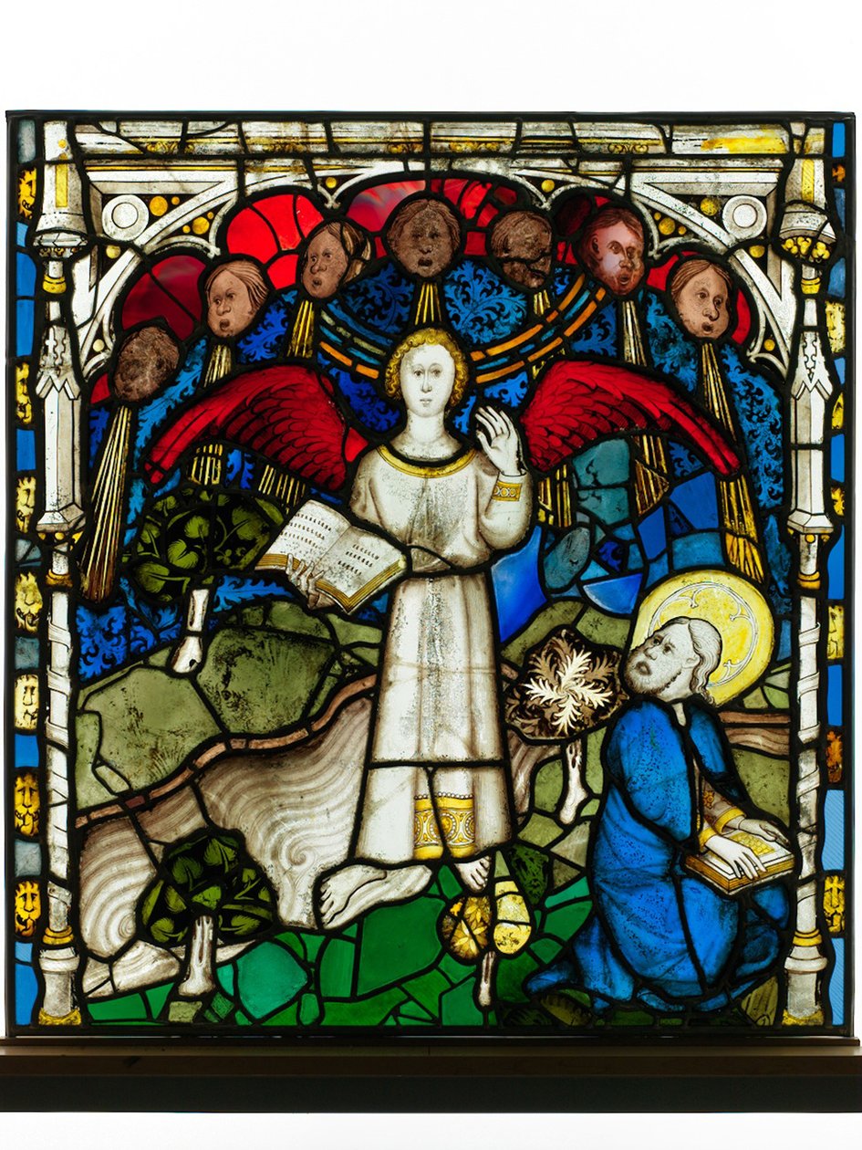 Painel conservado da Grande Janela Leste na Catedral de York: &39;O Poderoso Anjo e Sete Trovões&39; de English School