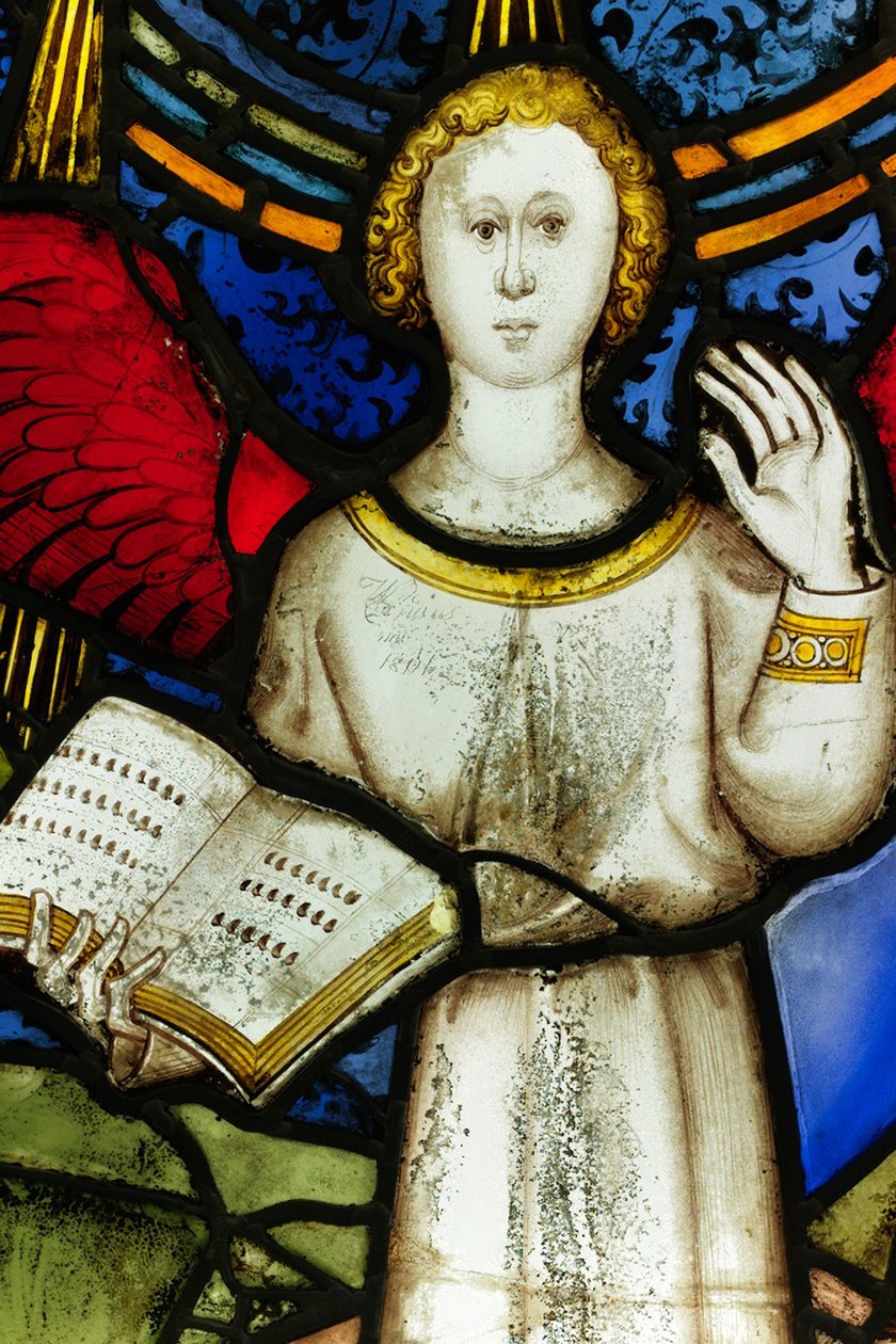 Painel conservado da Grande Janela Leste na Catedral de York: &39;O Poderoso Anjo e Sete Trovões&39; de English School