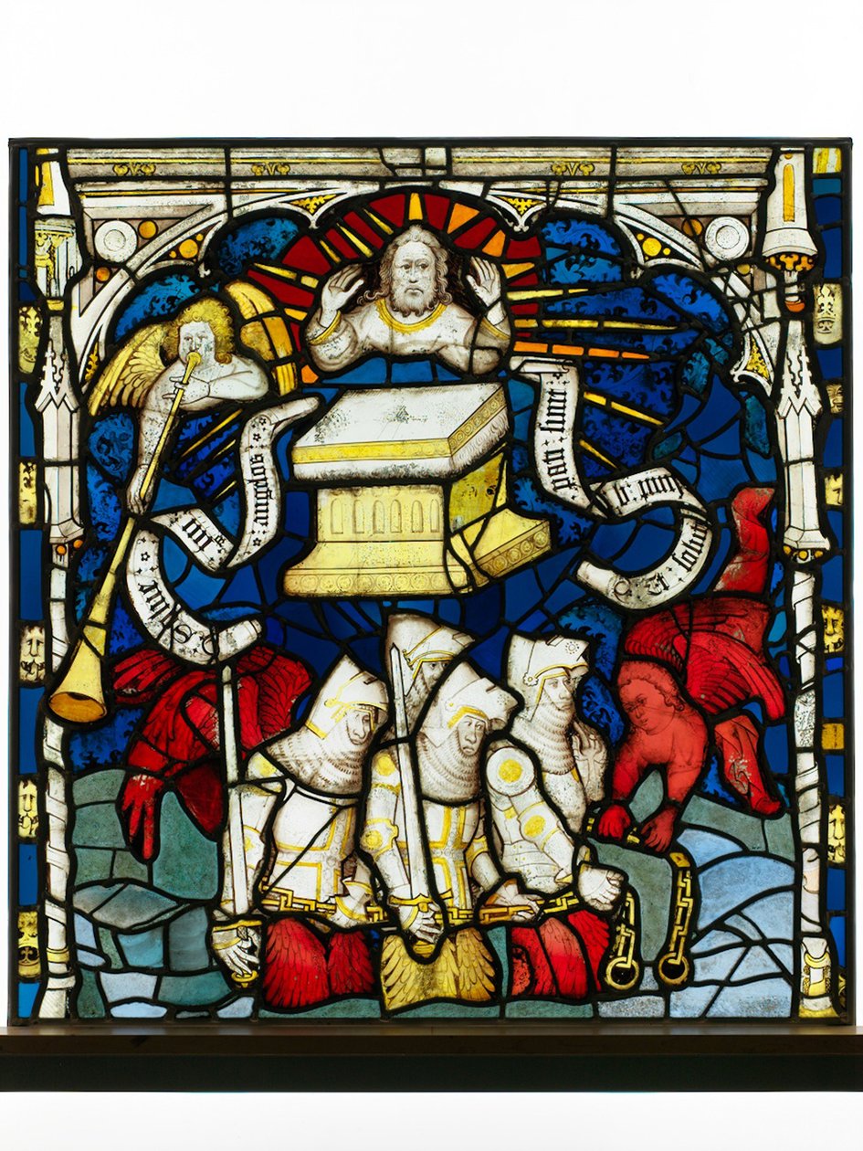 Painel Conservado da Grande Janela Leste na Catedral de York: "O Sexto Anjo Soa a Trombeta e a Perda dos Quatro Anjos" de English School