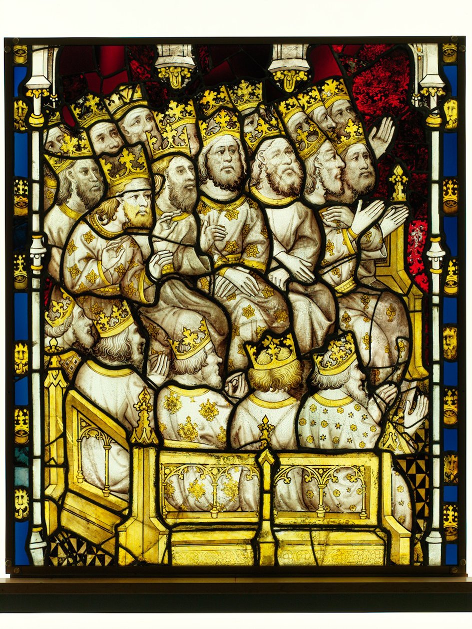 Seção conservada da Grande Janela Leste na Catedral de York: &39;Os anciãos adoram a Deus&39; de English School