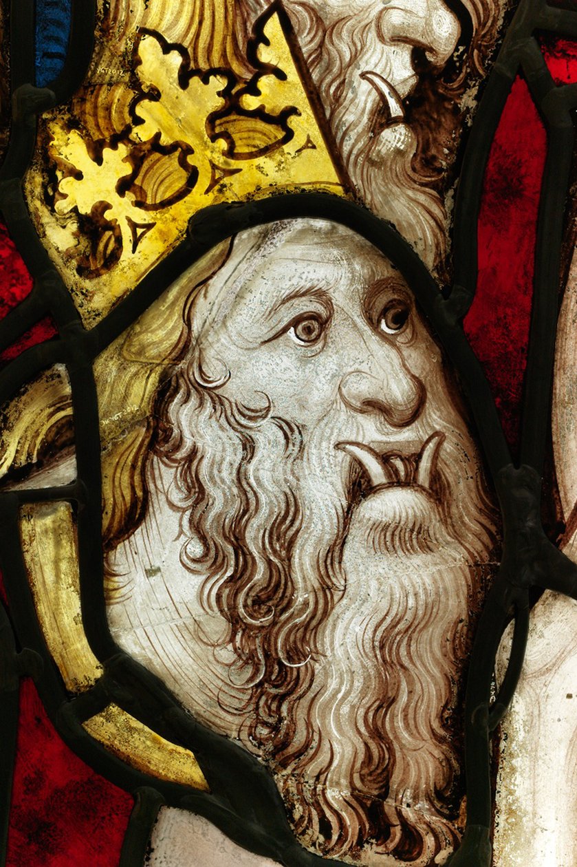 Seção conservada da grande janela do leste em York Minster: &39;O quinto anjo soa a trombeta e os gafanhotos do poço sem fundo&39; de English School