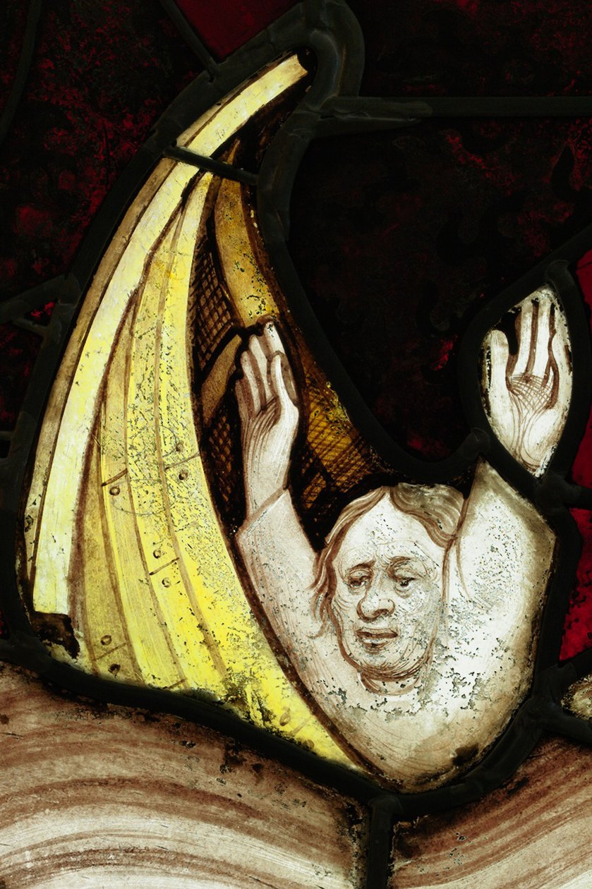 Seção conservada da grande janela do leste em York Minster: &39;O segundo anjo soa a trombeta&39; de English School