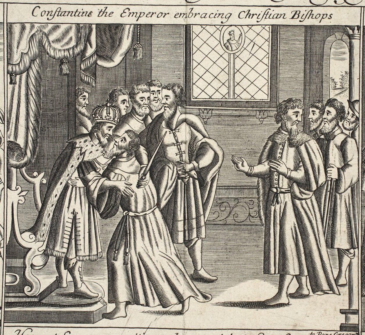 Constantin o imperador que abraça bispos cristãos, ilustração dos atos e monumentos por John Foxe, nona edição, bar. 1684 de English School