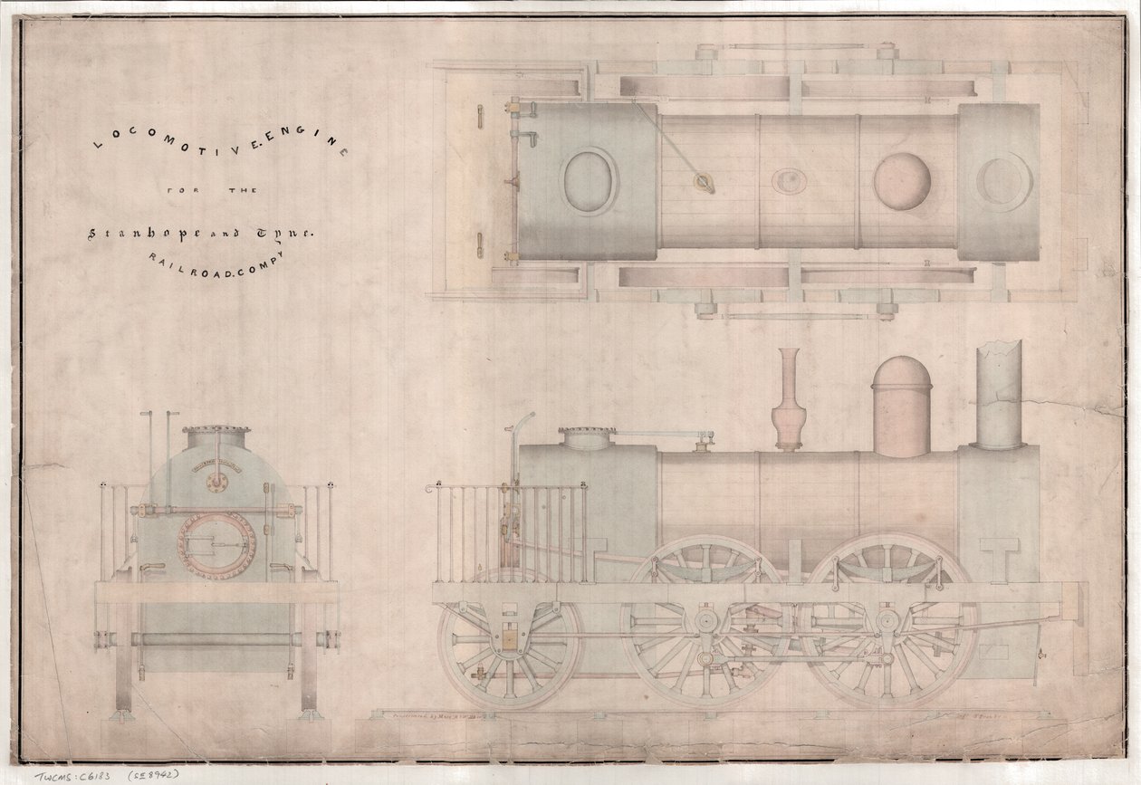 Desenho de construção, locomotiva 0-4-2 e concurso por R. e W. Hawthorn and Co. para a Stanhope and Tyne Railway Co de English School