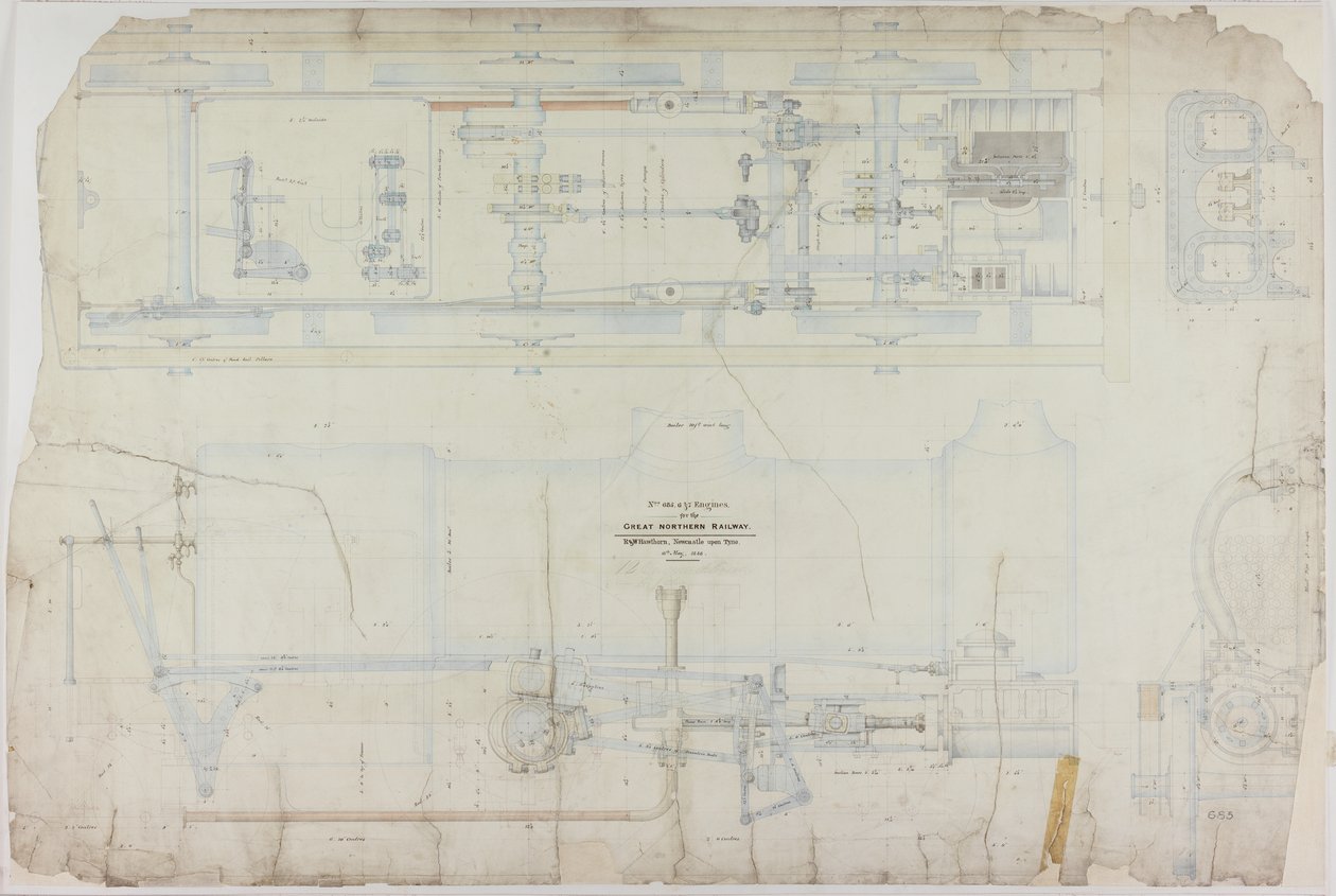 Desenho de construção da locomotiva 2-2-2 da R. & W. Hawthorn & Co. para a Great Northern Railway Co. de English School