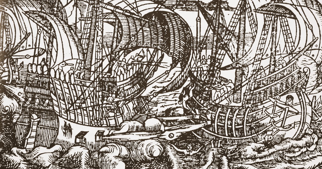 Xilogravura contemporânea de navio de guerra no mar de English School